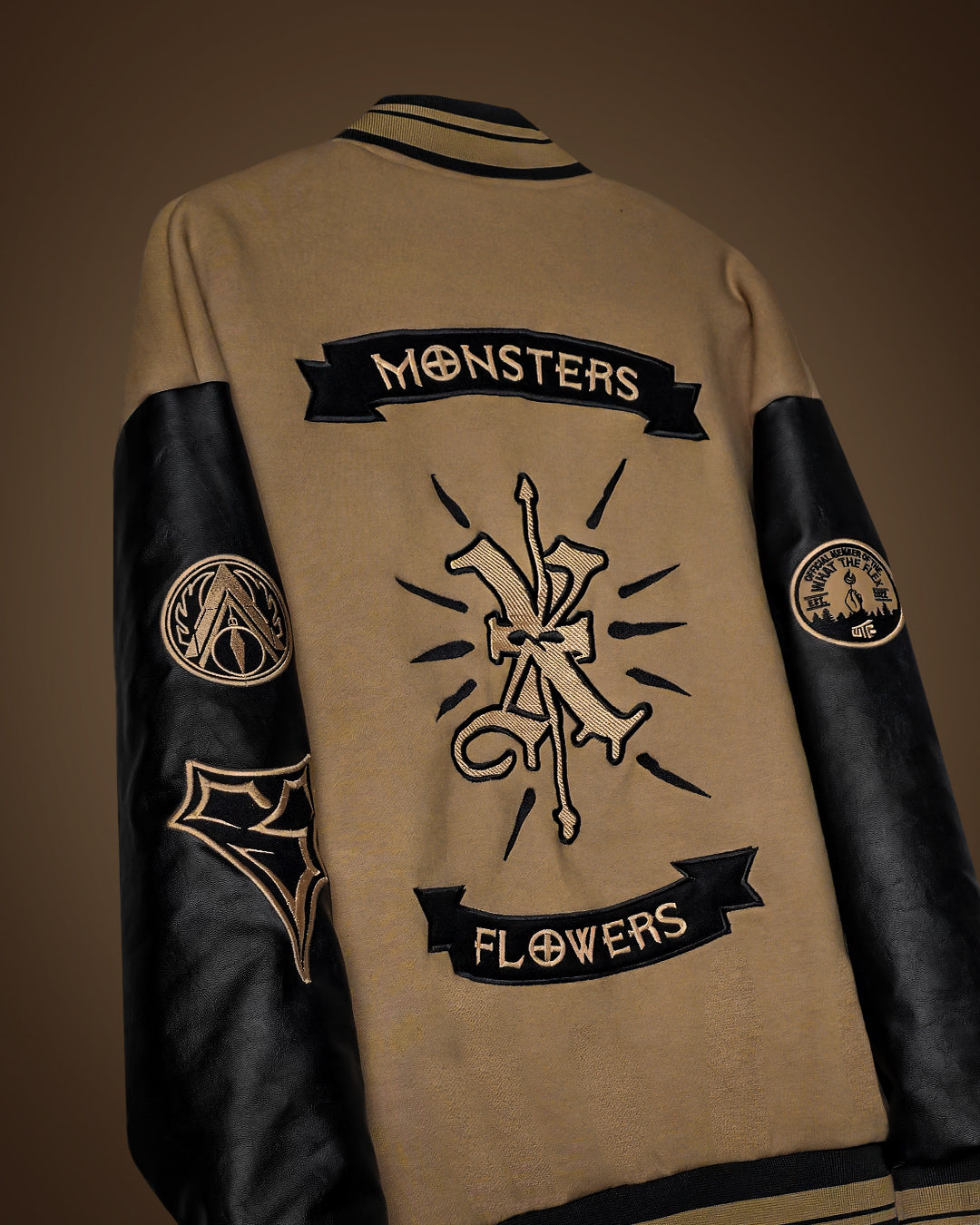 Monsters & Flowers Black and Brown Varsity Jacket